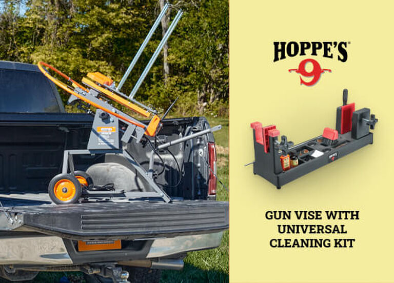 The Wheelybird 3.0™ Auto-Feed Trap sitting on truck bed with callout of Hoppe's Gun Vise with Universal Cleaning Kit on yellow background
