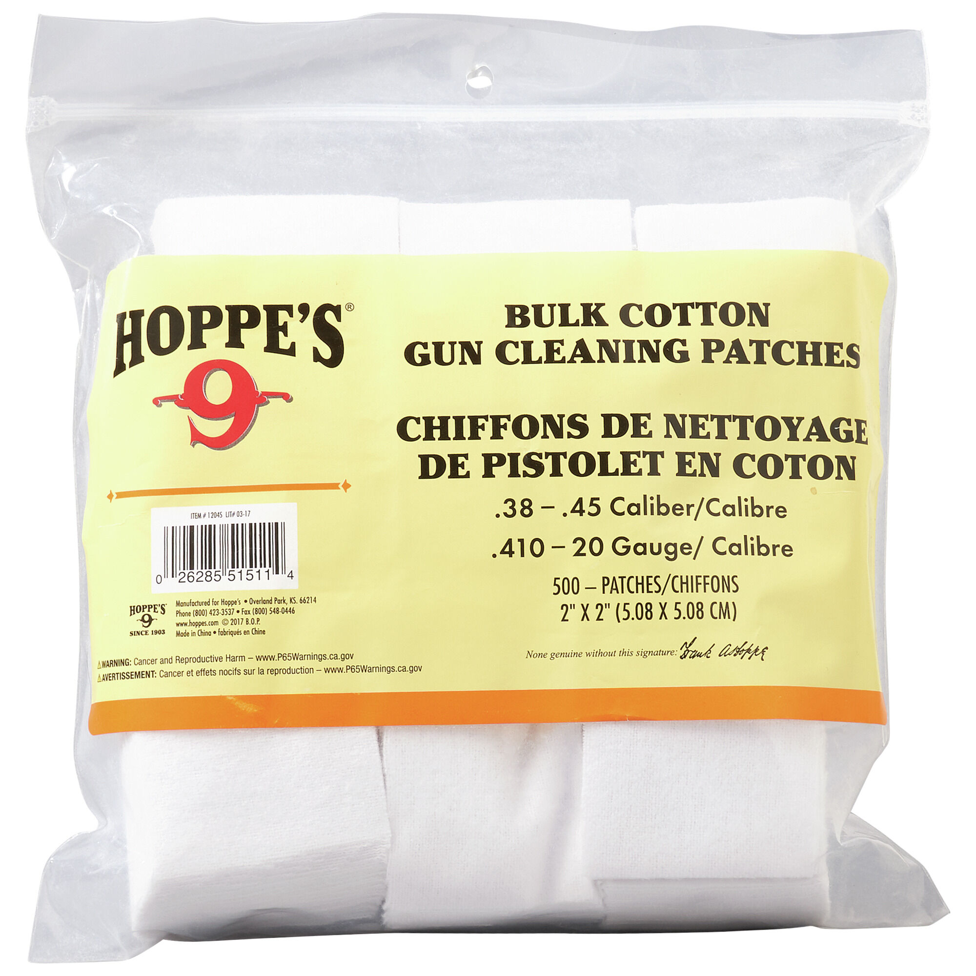 Hoppe's 1202 Cotton Cleaning Patches for No.2 22 to .270 Caliber 60 Pack 